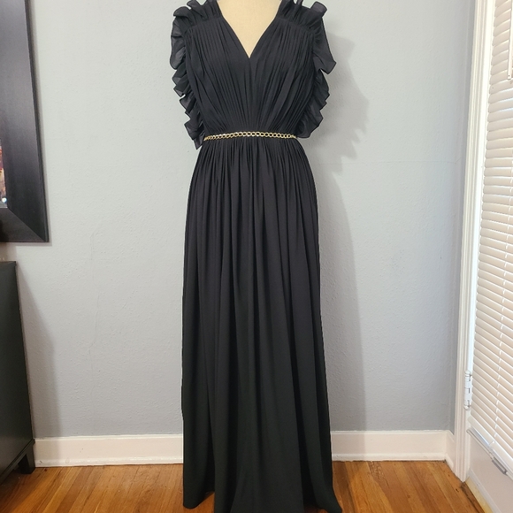 Lola by Suman‎ B Black Ruffled Draped Jumpsuit Size Med